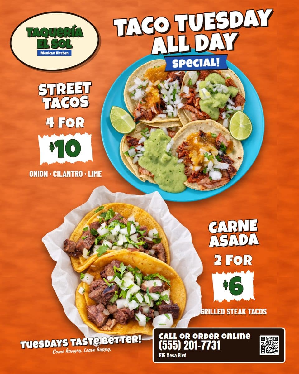 A finished promotion post for a made-up taqueria